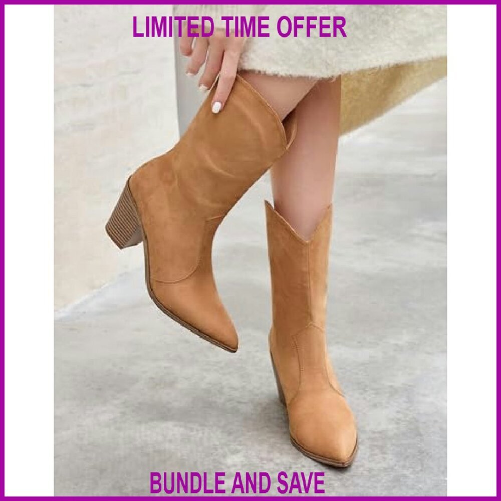 Women's Mid Calf Western Boots Chunky Block Heel Pointed Toe Faux Suede - Picture 5 of 8